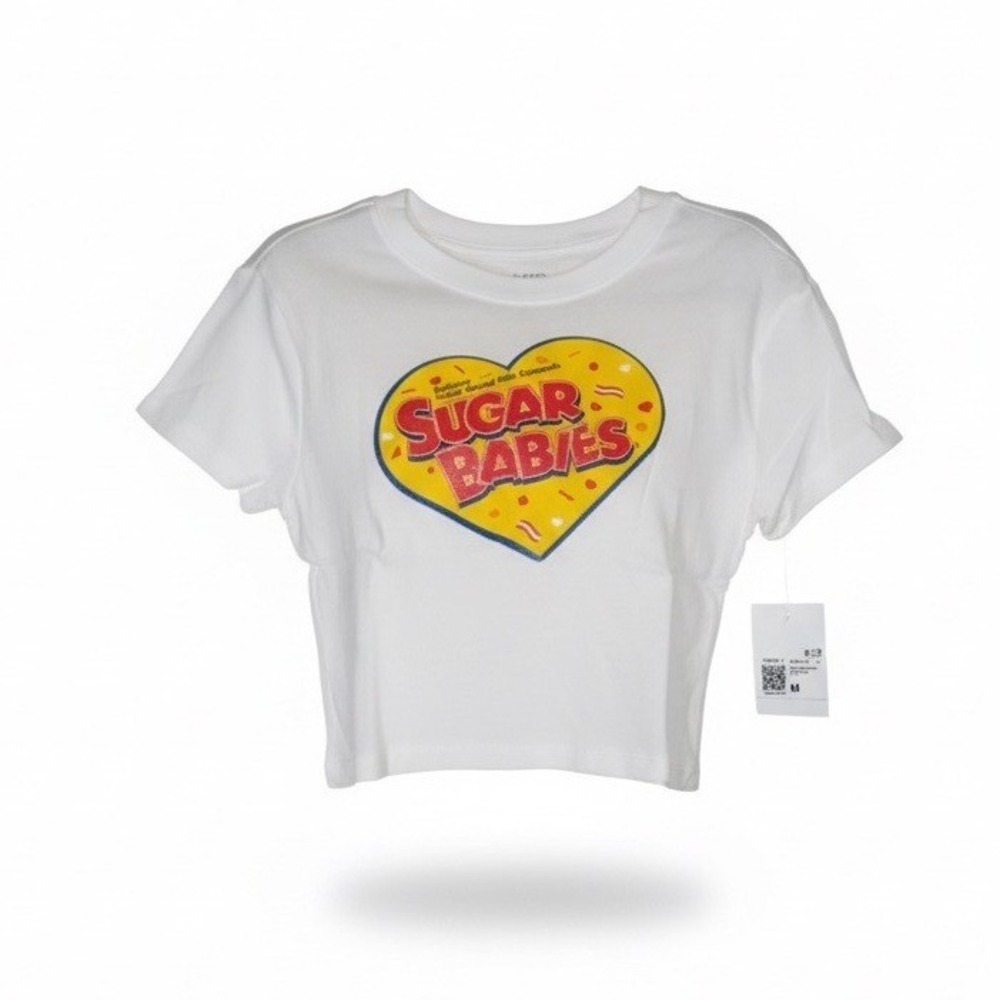 Forever 21 Kids Sugar Babies Graphic Tee White Short Sleeve Cropped Shirt Size M